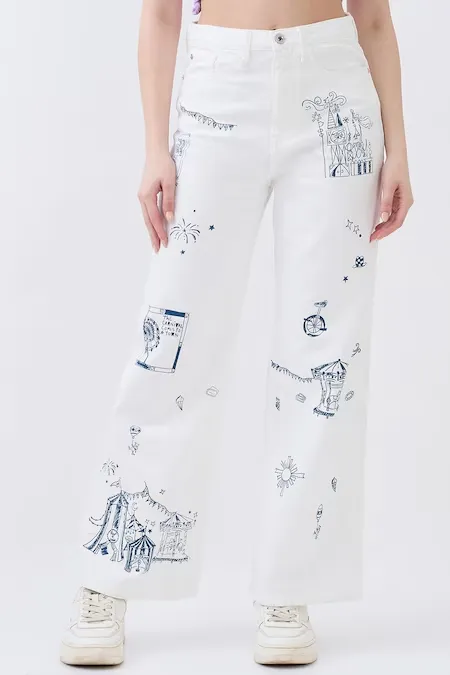 White Printed Women Wide Leg Jeans